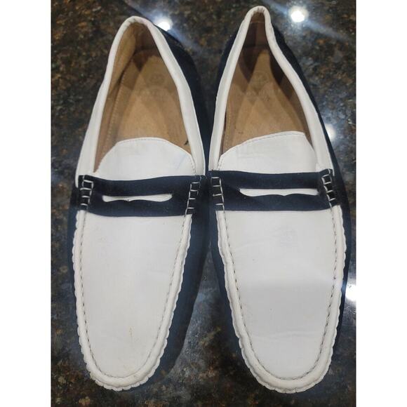 Montique Loafer Shoes Men's Size 10 White Black Suede Leather Moc Toe Slip On - Picture 2 of 9